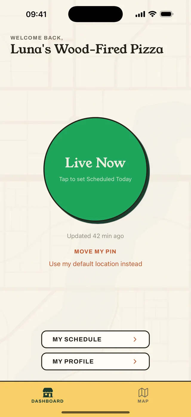 The vendor dashboard with a large green Live Now toggle