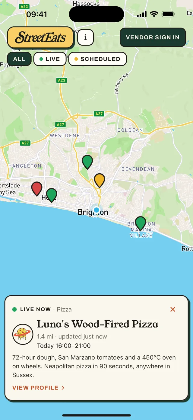 A vendor card for Luna's Wood-Fired Pizza showing live status, distance and today's hours